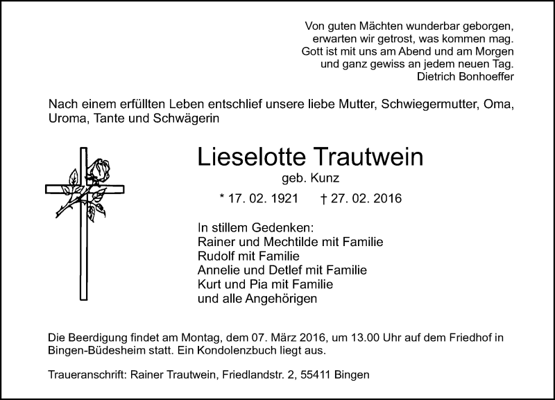  Traueranzeige für Lieselotte Trautwein vom 02.03.2016 aus  Allgemeine  Zeitung Ingelheim-Bingen