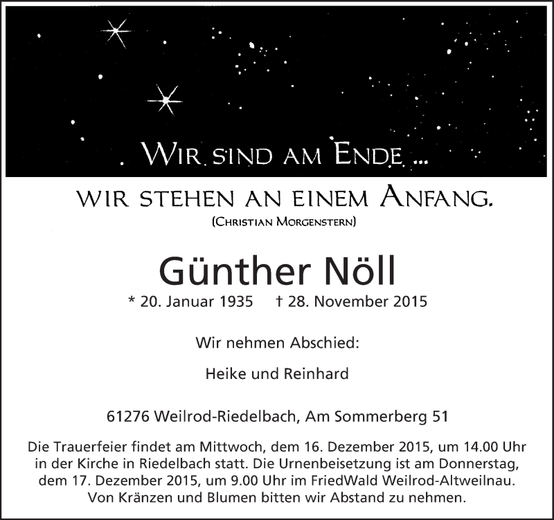  Traueranzeige für Günther Nöll vom 05.12.2015 aus  Usinger Anzeiger