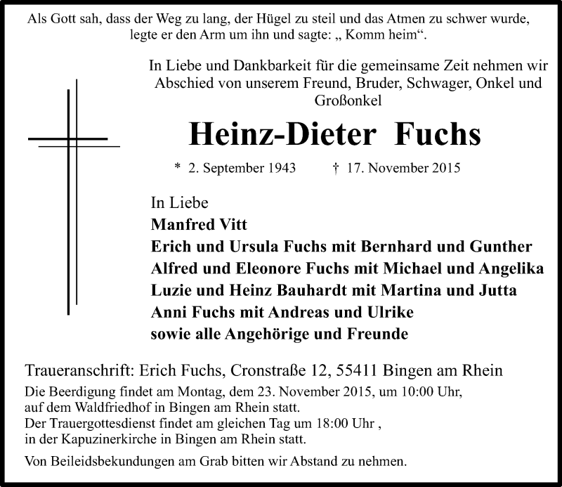  Traueranzeige für Heinz-Dieter Fuchs vom 21.11.2015 aus  Allgemeine  Zeitung Ingelheim-Bingen
