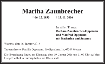 Traueranzeige von Martha Zaunbrecher von  Wormser Zeitung