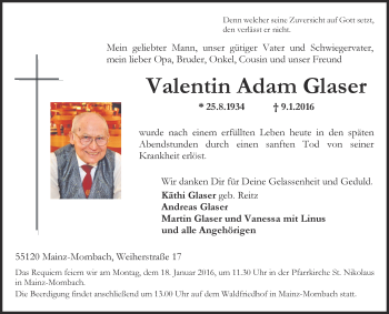 Traueranzeige von Valentin Adam Glaser von  Allgemeine Zeitung Mainz