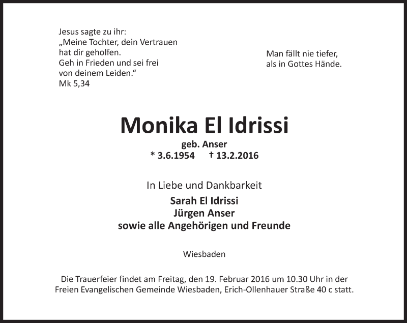  Traueranzeige für Monika El Idrissi vom 17.02.2016 aus  Wiesbaden komplett