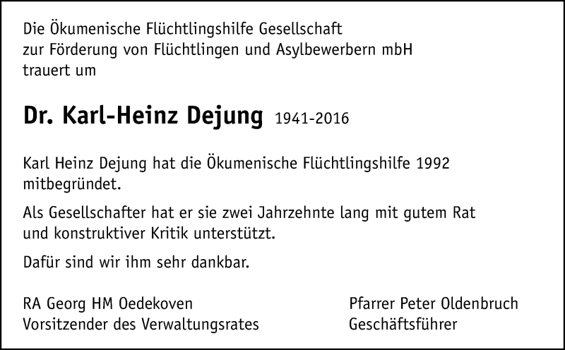  Traueranzeige für Karl-Heinz Dejung vom 27.07.2016 aus Trauerportal Rhein Main Presse
