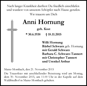 Traueranzeige von Anni Hornung von  Allgemeine Zeitung Mainz
