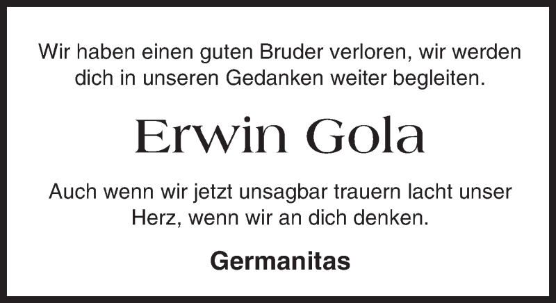  Traueranzeige für Erwin Gola vom 02.01.2016 aus  Bürstädter Zeitung