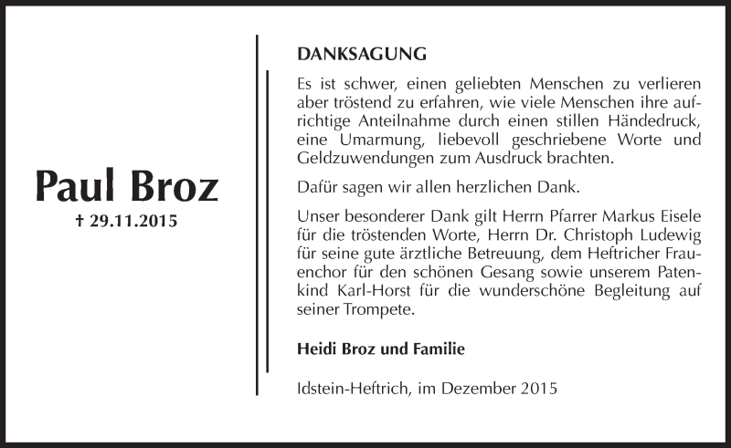  Traueranzeige für Paul Broz vom 19.12.2015 aus  Idsteiner Zeitung