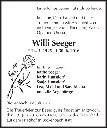 Traueranzeige von Willi Seeger von Trauerportal Echo Online