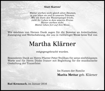 Traueranzeige von Marita Klärner von  Allg. Zeitung Bad Kreuznach