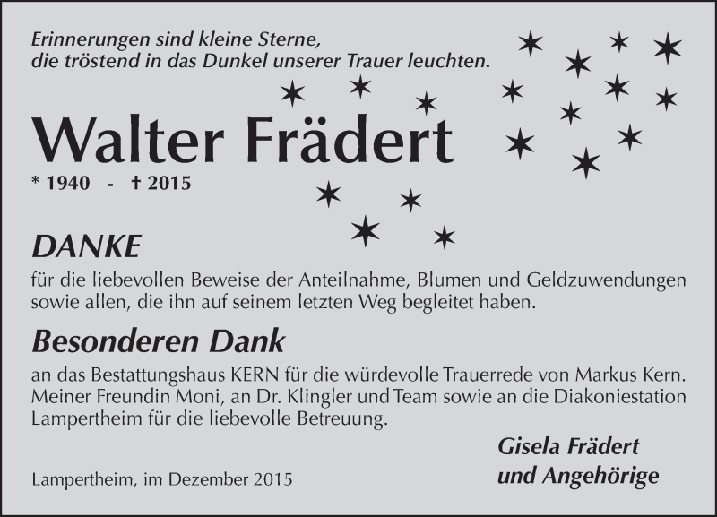  Traueranzeige für Walter Frädert vom 22.12.2015 aus  Bürstädter Zeitung