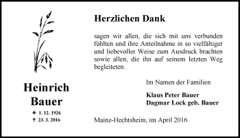 Traueranzeige von Heinrich Bauer von  Allgemeine Zeitung Mainz