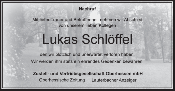 Traueranzeige von Lukas Schlöffel von VRM Trauer