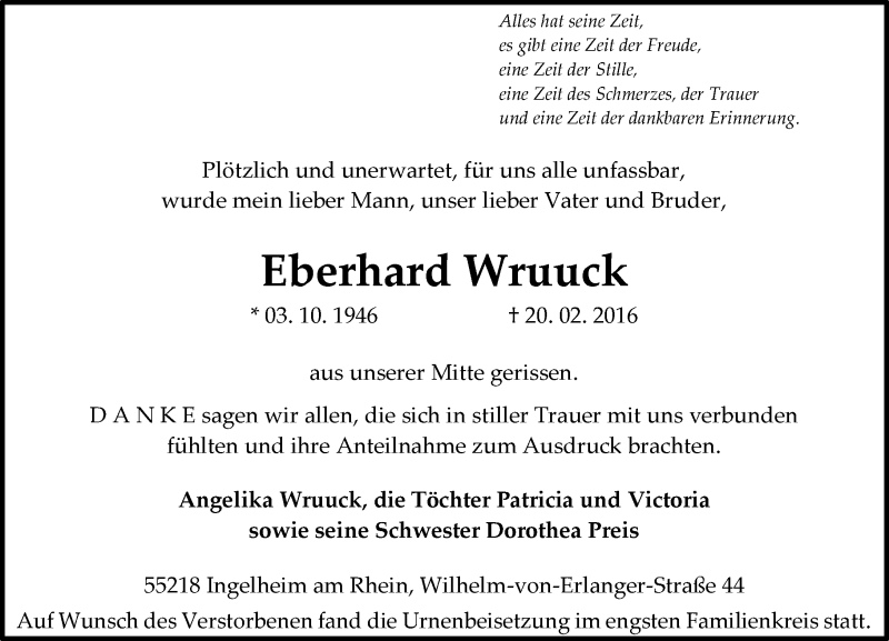  Traueranzeige für Eberhard Wruuck vom 02.03.2016 aus  Allgemeine  Zeitung Ingelheim-Bingen