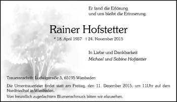 Traueranzeige von Rainer Hofstetter von  Wiesbaden komplett