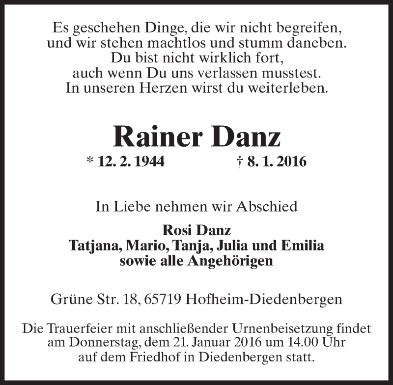  Traueranzeige für Rainer Danz vom 15.01.2016 aus  Hofheimer Zeitung