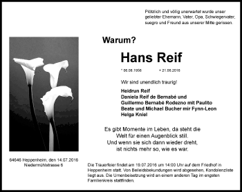 Traueranzeige von Hans Reif von Trauerportal Echo Online