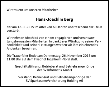 Traueranzeige von Hans-Joachim Berg von  Allgemeine  Zeitung Ingelheim-Bingen