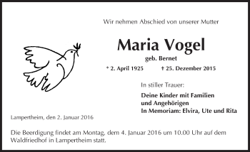 Traueranzeige von Maria Vogel von  Bürstädter Zeitung