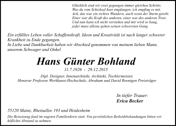Traueranzeige von Hans Günter Bohland von  Allgemeine Zeitung Mainz