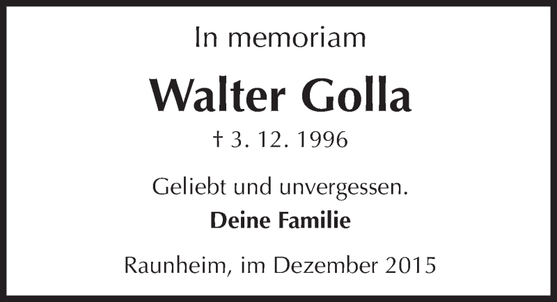  Traueranzeige für Walter Golla vom 03.12.2015 aus  Mainspitze