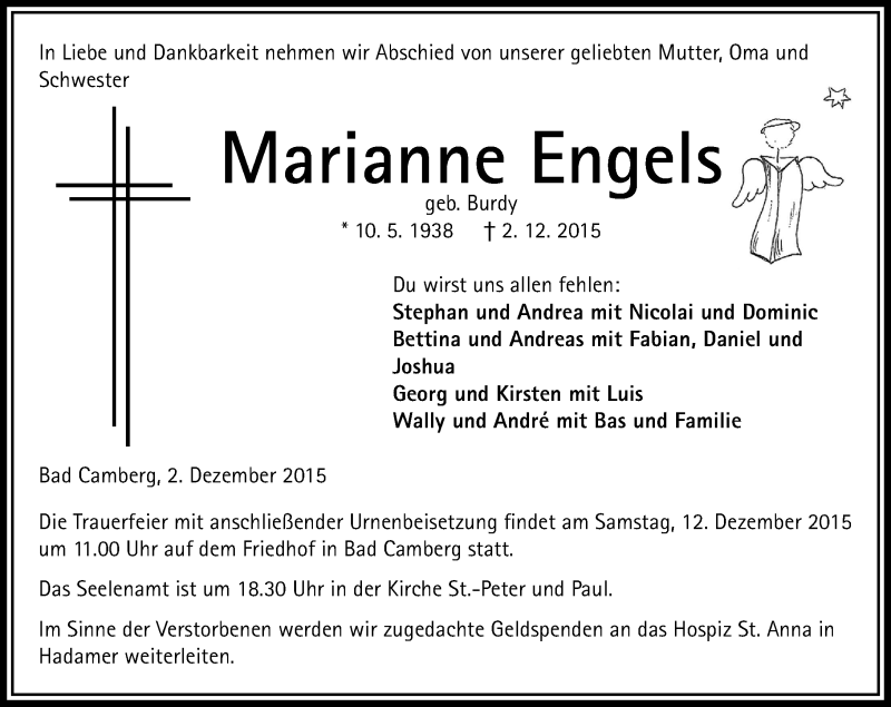  Traueranzeige für Marianne Engels vom 10.12.2015 aus  Camberger Anzeiger