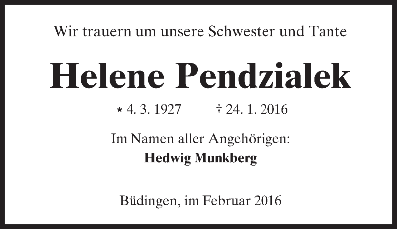  Traueranzeige für Helene Pendzialek vom 06.02.2016 aus  Kreisanzeiger