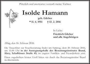 Traueranzeige von Isolde Hamann von  Allgemeine Zeitung Alzey