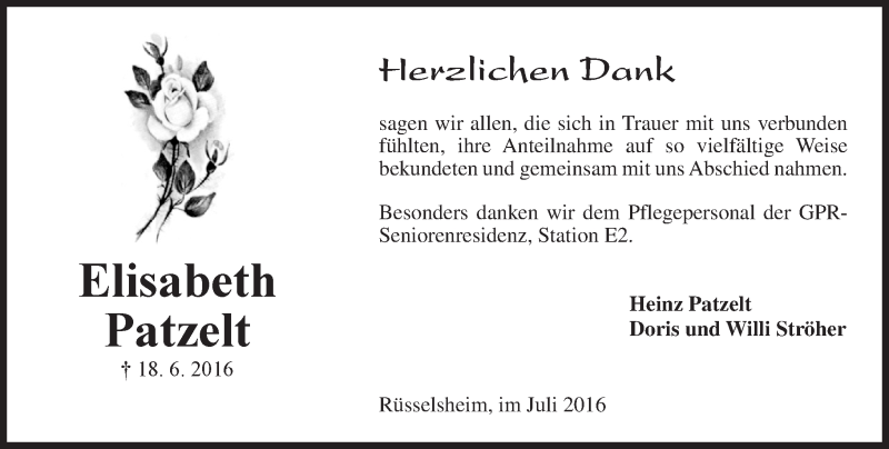  Traueranzeige für Elisabeth Patzelt vom 09.07.2016 aus Trauerportal Rhein Main Presse