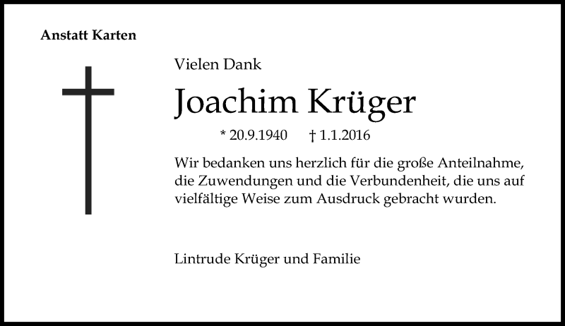  Traueranzeige für Joachim Krüger vom 13.02.2016 aus  Allgemeine Zeitung Mainz