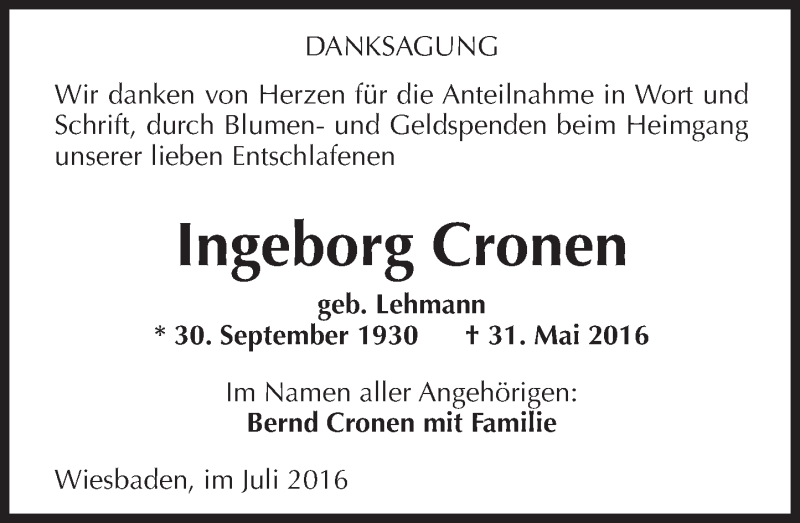  Traueranzeige für Ingeborg Cronen vom 09.07.2016 aus Trauerportal Rhein Main Presse