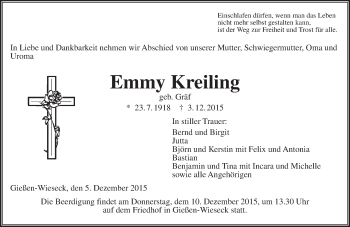 Traueranzeige von Emmy Kreiling von  Gießener Anzeiger