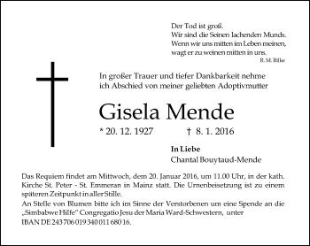 Traueranzeige von Gisela Mende von  Allgemeine Zeitung Mainz