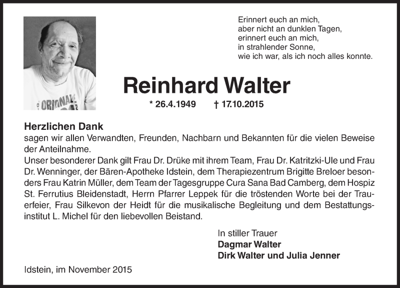  Traueranzeige für Reinhard Walter vom 21.11.2015 aus  Idsteiner Zeitung