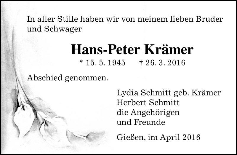  Traueranzeige für Hans-Peter Krämer vom 23.04.2016 aus  Gießener Anzeiger