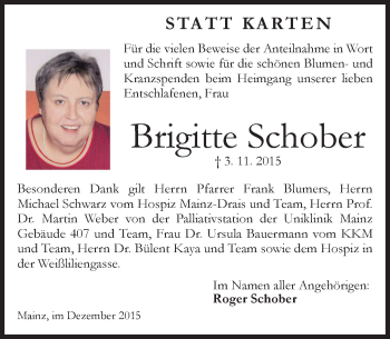 Traueranzeige von Brigitte Schober von  Allgemeine Zeitung Mainz