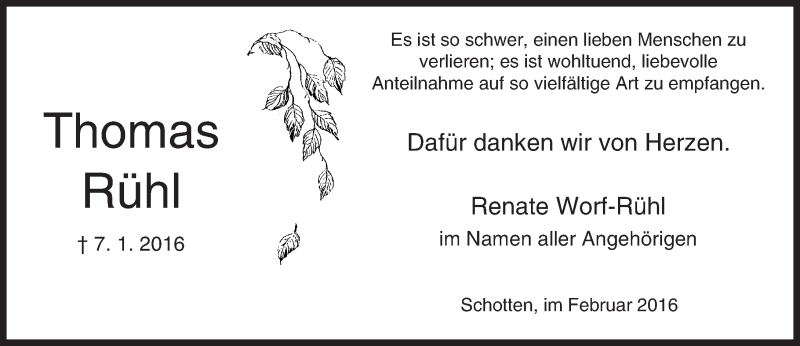  Traueranzeige für Thomas Rühl vom 06.02.2016 aus  Sonntags Anzeiger