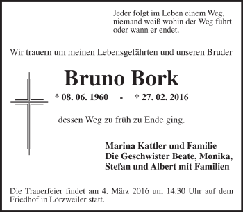 Traueranzeige von Bruno Bork von  Allgemeine Zeitung Alzey