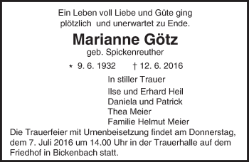 Traueranzeige von Marianne Götz von Trauerportal Echo Online