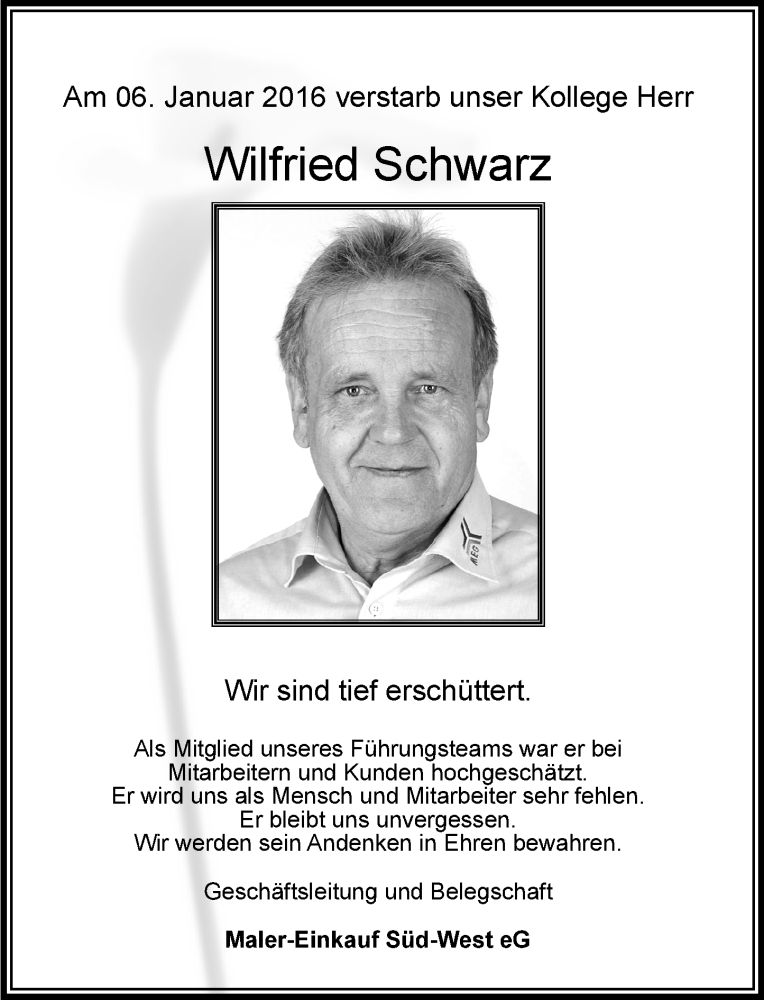  Traueranzeige für Wilfried Schwarz vom 16.01.2016 aus trauer.rmp.de