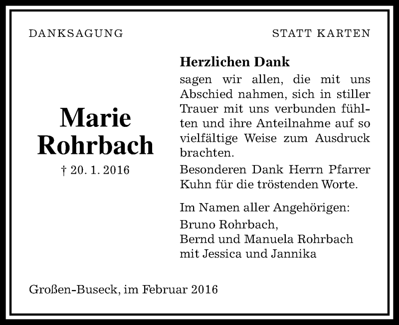  Traueranzeige für Marie Rohrbach vom 27.02.2016 aus  Gießener Anzeiger