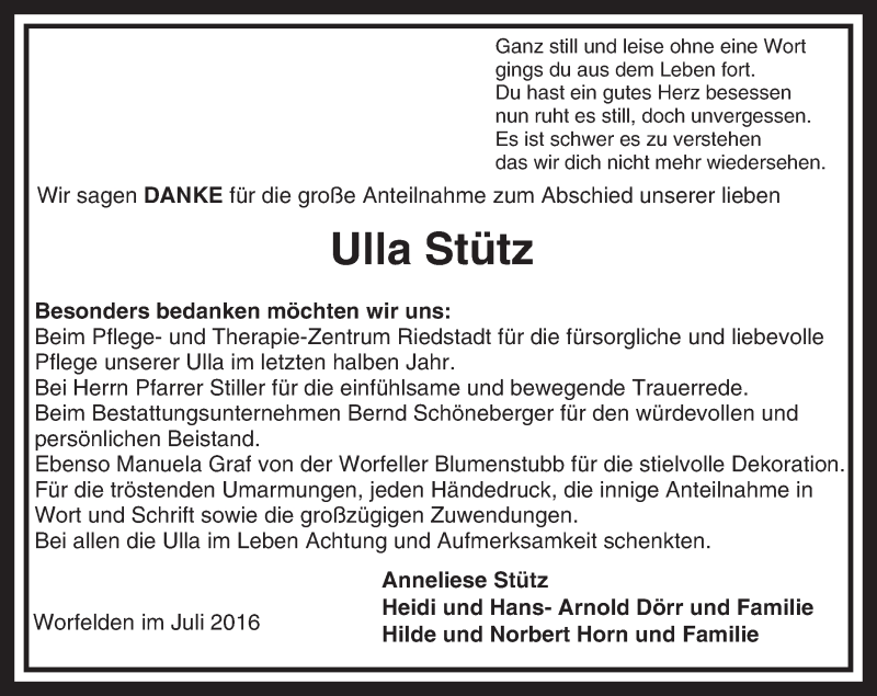  Traueranzeige für Ulla Stütz vom 30.07.2016 aus Trauerportal Echo Online