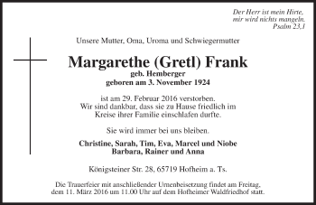Traueranzeige von Margarethe Frank von  Hofheimer Zeitung