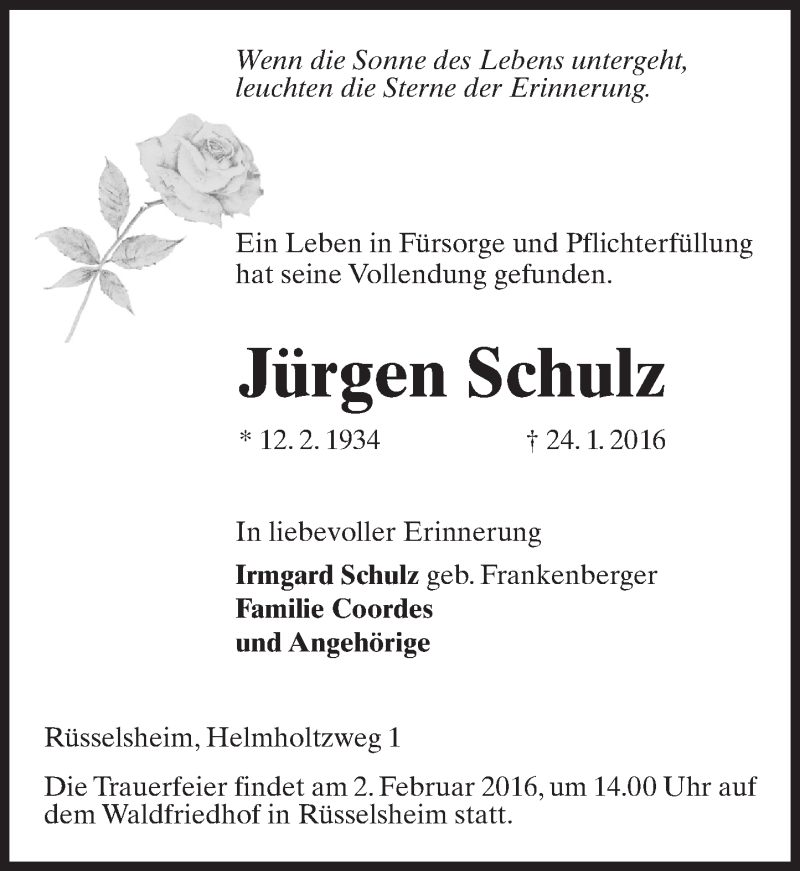  Traueranzeige für Jürgen Schulz vom 30.01.2016 aus  Mainspitze