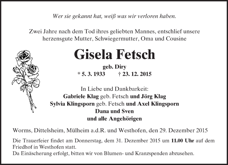  Traueranzeige für Gisela Fetsch vom 29.12.2015 aus  Wormser Zeitung