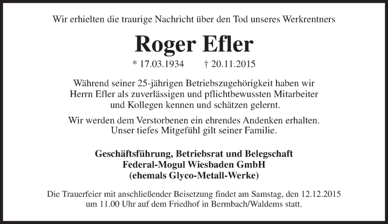  Traueranzeige für Roger Efler vom 09.12.2015 aus  Wiesbaden komplett