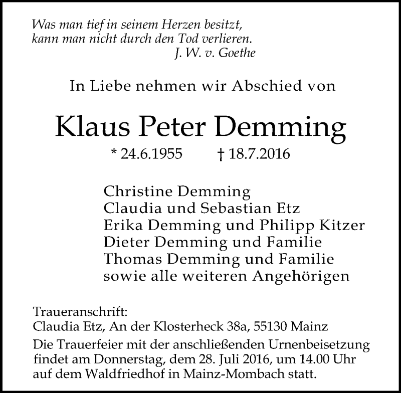  Traueranzeige für Klaus Peter Demming vom 23.07.2016 aus Trauerportal Rhein Main Presse