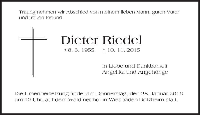  Traueranzeige für Dieter Riedel vom 28.01.2016 aus  Wiesbaden komplett