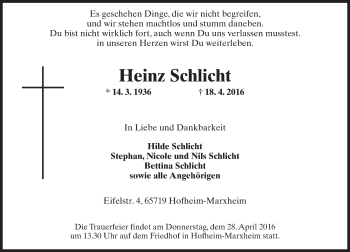 Traueranzeige von Heinz Schlicht von  Hofheimer Zeitung