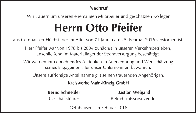  Traueranzeige für Otto Pfeifer vom 27.02.2016 aus  Gelnhäuser Tageblatt