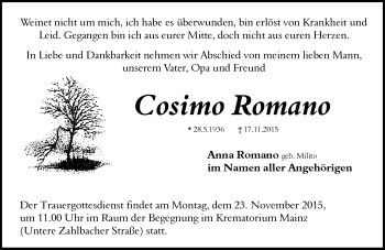 Traueranzeige von Cosimo Romano von  Allgemeine Zeitung Mainz