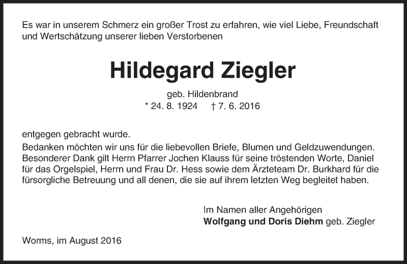  Traueranzeige für Hildegard Ziegler vom 04.08.2016 aus Trauerportal Rhein Main Presse